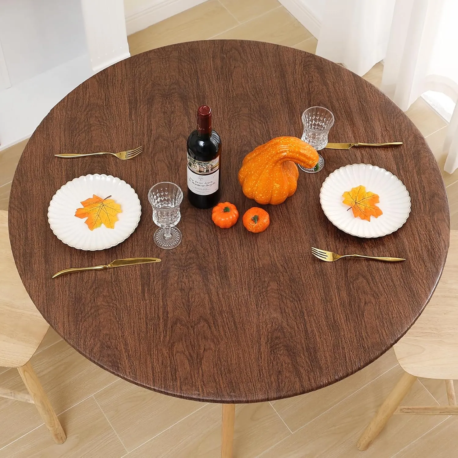 Smiry Round Picnic Tablecloth, Waterproof Elastic Fitted Table Covers for 36" - 44" Tables, Wipeable Flannel Backed Vinyl Tablecloths for Camping, Indoor, Outdoor, Brown