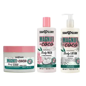 Soap & Glory Magnificoco Trio - Buff and Ready Body Scrub (300ml), Clean-A-Colada Hydrating Shower Gel (500ml), & Coconut Shea Butter Nourishing Body Lotion (500ml)