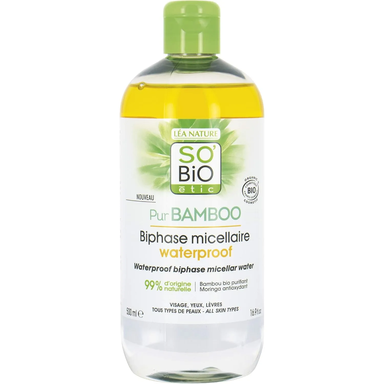 SO'BiO étic | Waterproof Biphase Micellar Water | Organic Waterproof Makeup Remover & Cleanser for Eyes, Face & Lips | Detoxifying Bamboo | 16.9 fl oz