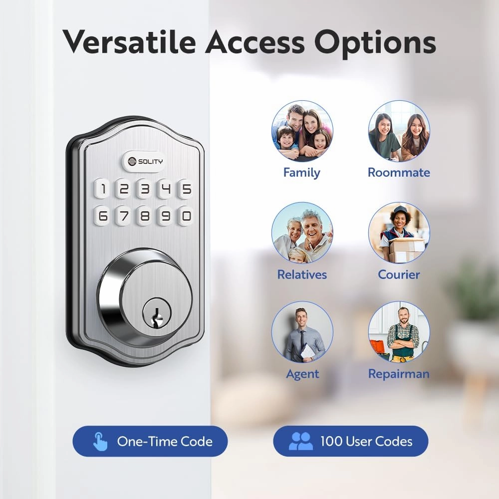 Solity Smart Digital Electronic Deadbolt Door Lock, Keyless Entry, Auto Lock, 100 Custom Codes, Easy Installation, Keypad for Front & Back Door, Residential & Commercial, AT1 (Satin Nickel)