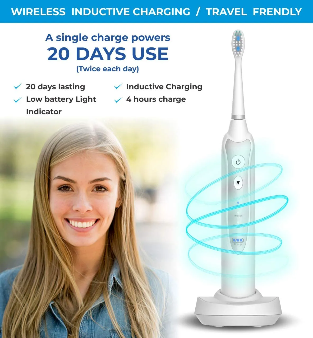 Sonic Electric Toothbrush for Adults with 5 Toothbrush Replacement Heads, 3 Brushing Modes & 2 Minutes Built-in Timer, Travel Toothbrushes with Inductive Charging, Rechargeable toothbrush | White