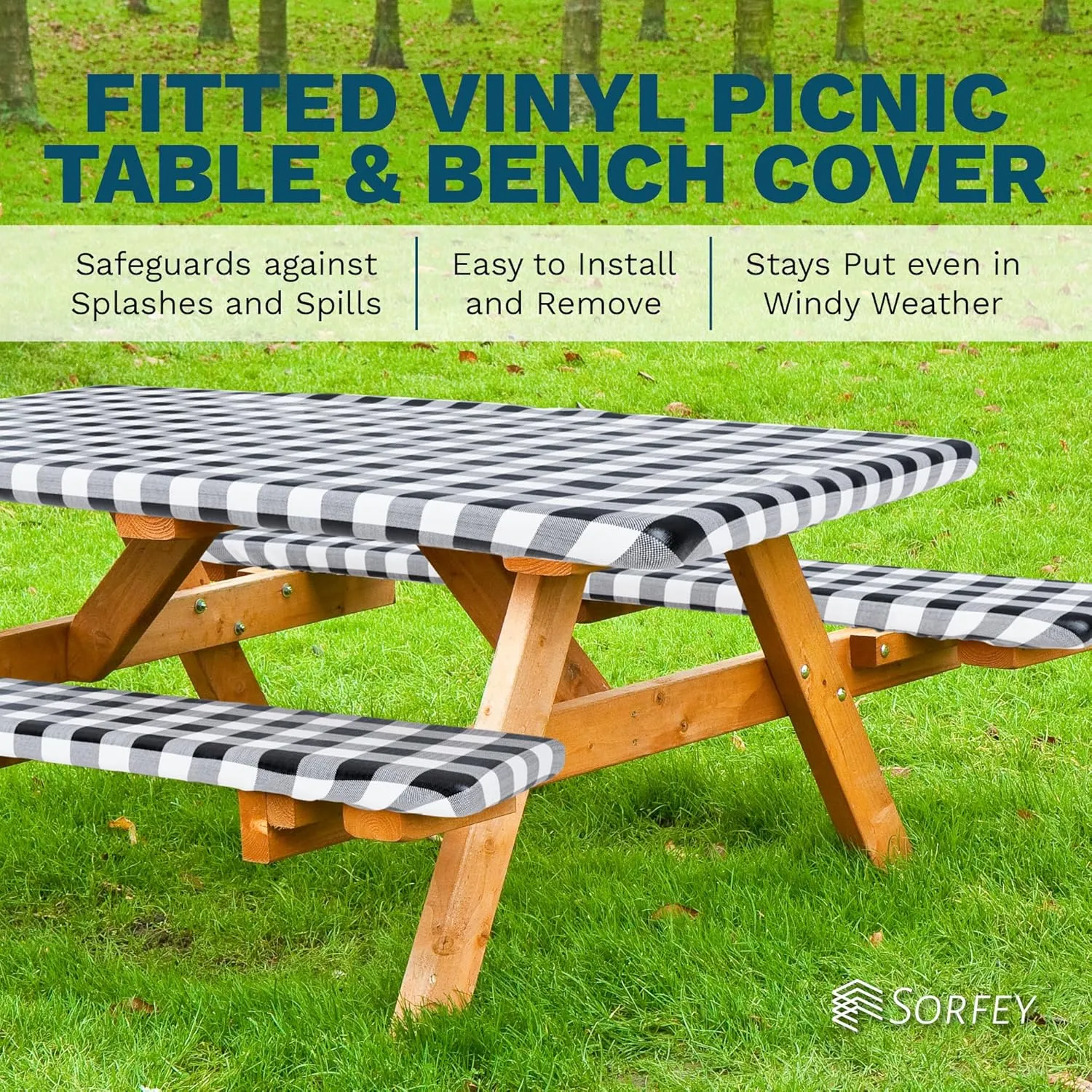 Sorfey Picnic Table Cover with Bench Covers -Fitted with Elastic, Vinyl with Flannel Back, Fits for Table 30"x 60" Rectangle,Water Proof, Solid Black Design