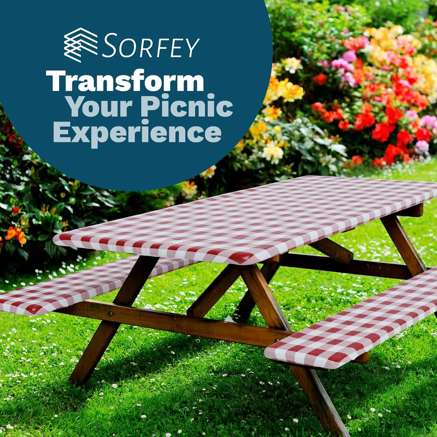 Sorfey Picnic Table Cover with Bench Covers -Fitted with Elastic, Vinyl with Flannel Back, Fits for Table 30"x 60" Rectangle,Water Proof, Solid Black Design