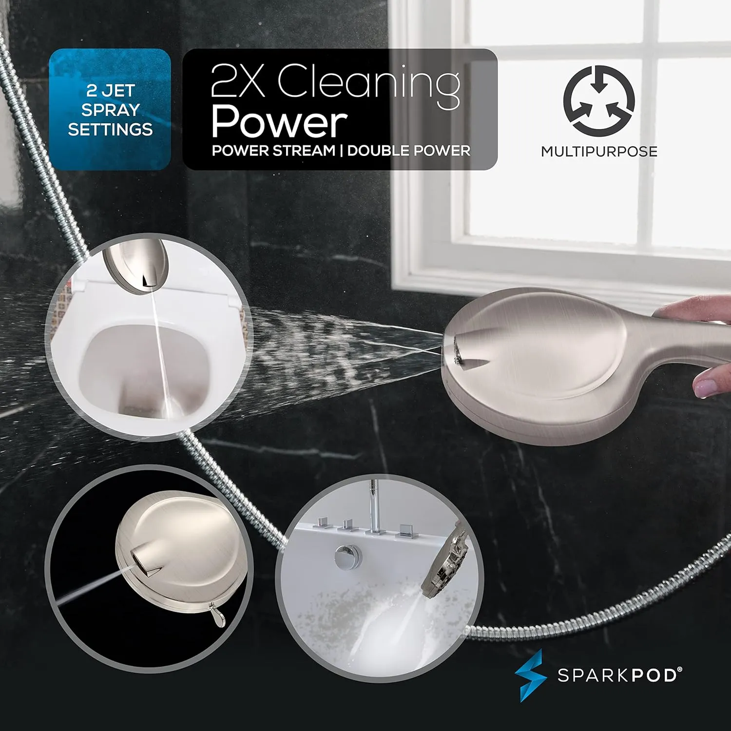 SparkPod 10-Mode Handheld Shower Head with Hose - 5" High Pressure Shower Head Set with Touch-to-Clean Nozzles, Built-In Power Jet, Stainless Steel 6ft Hose & Bracket (Brushed Nickel)