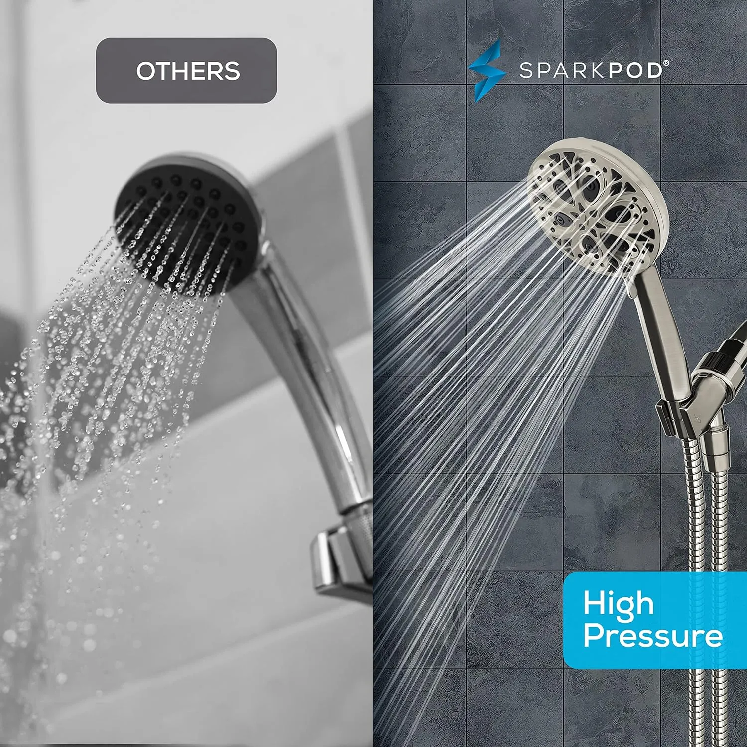 SparkPod 10-Mode Handheld Shower Head with Hose - 5" High Pressure Shower Head Set with Touch-to-Clean Nozzles, Built-In Power Jet, Stainless Steel 6ft Hose & Bracket (Brushed Nickel)