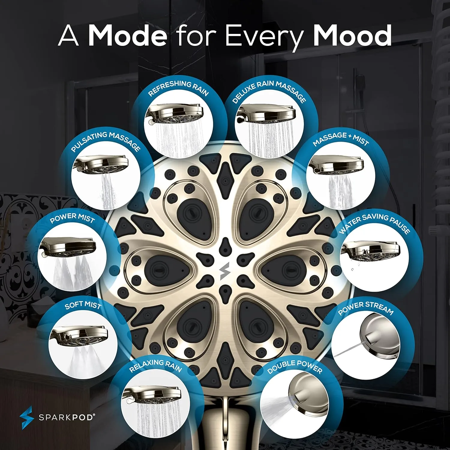 SparkPod 10-Mode Handheld Shower Head with Hose - 5" High Pressure Shower Head Set with Touch-to-Clean Nozzles, Built-In Power Jet, Stainless Steel 6ft Hose & Bracket (Brushed Nickel)