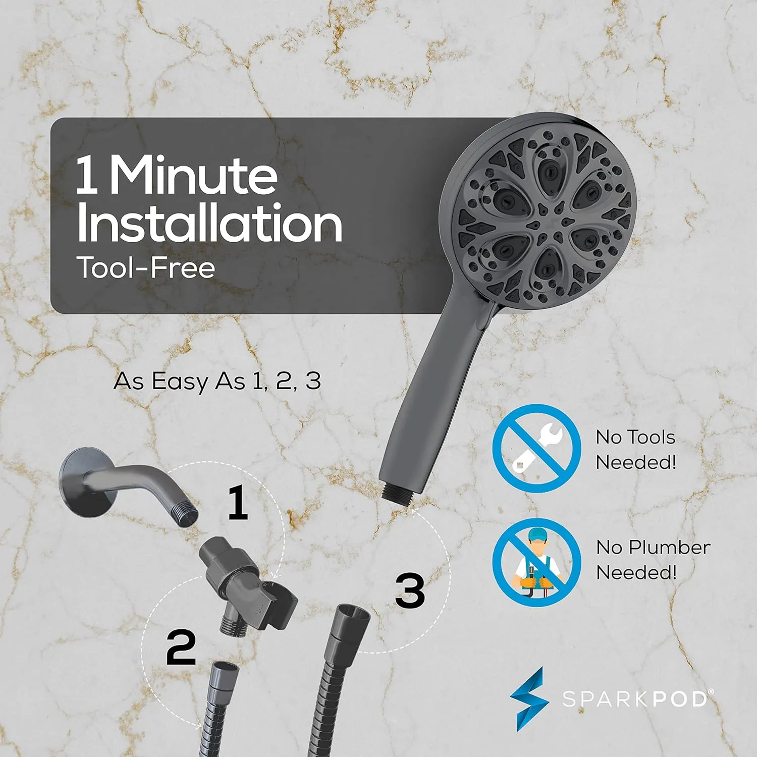 SparkPod 10-Mode Handheld Shower Head with Hose - 5" High Pressure Shower Head Set with Touch-to-Clean Nozzles, Built-In Power Jet, Stainless Steel 6ft Hose & Bracket (Charcoal Grey)