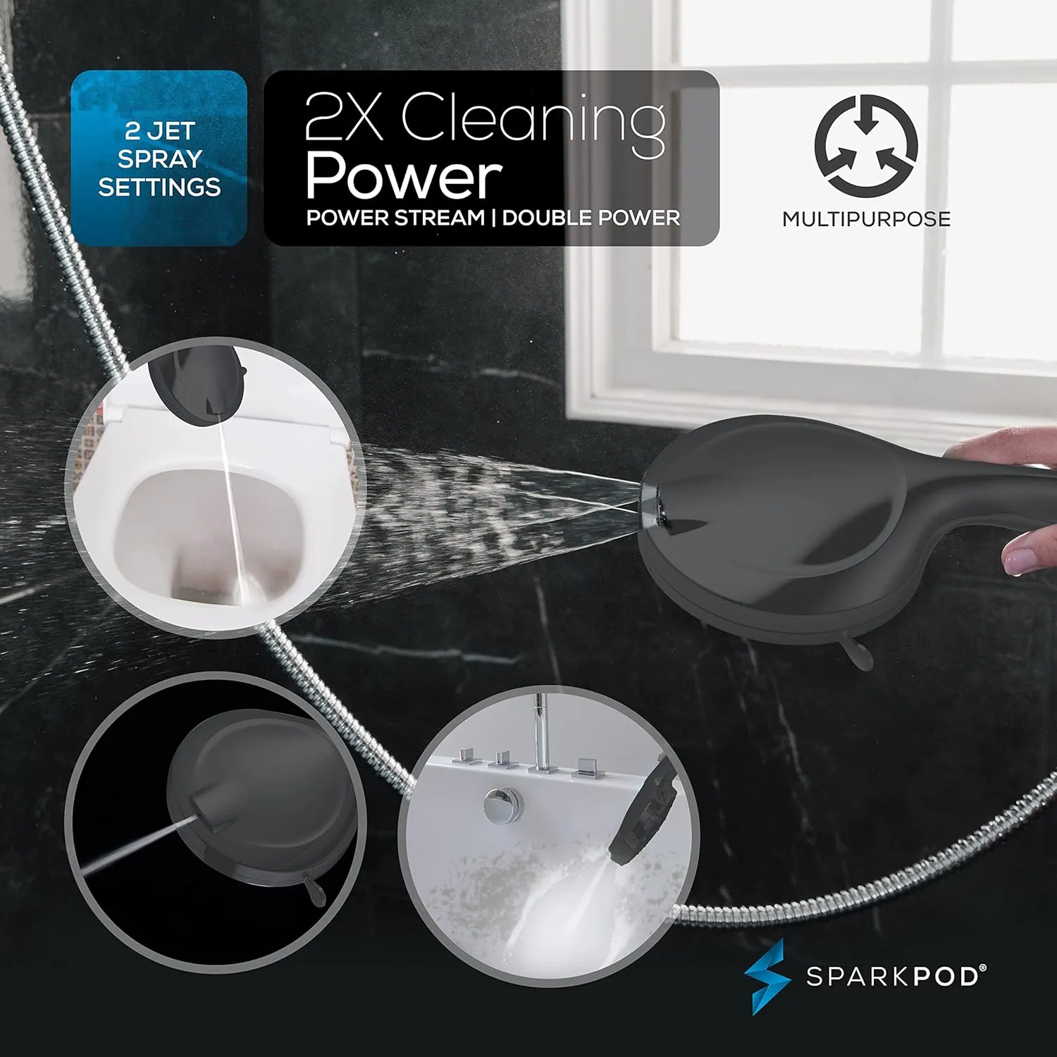 SparkPod 10-Mode Handheld Shower Head with Hose - 5" High Pressure Shower Head Set with Touch-to-Clean Nozzles, Built-In Power Jet, Stainless Steel 6ft Hose & Bracket (Charcoal Grey)