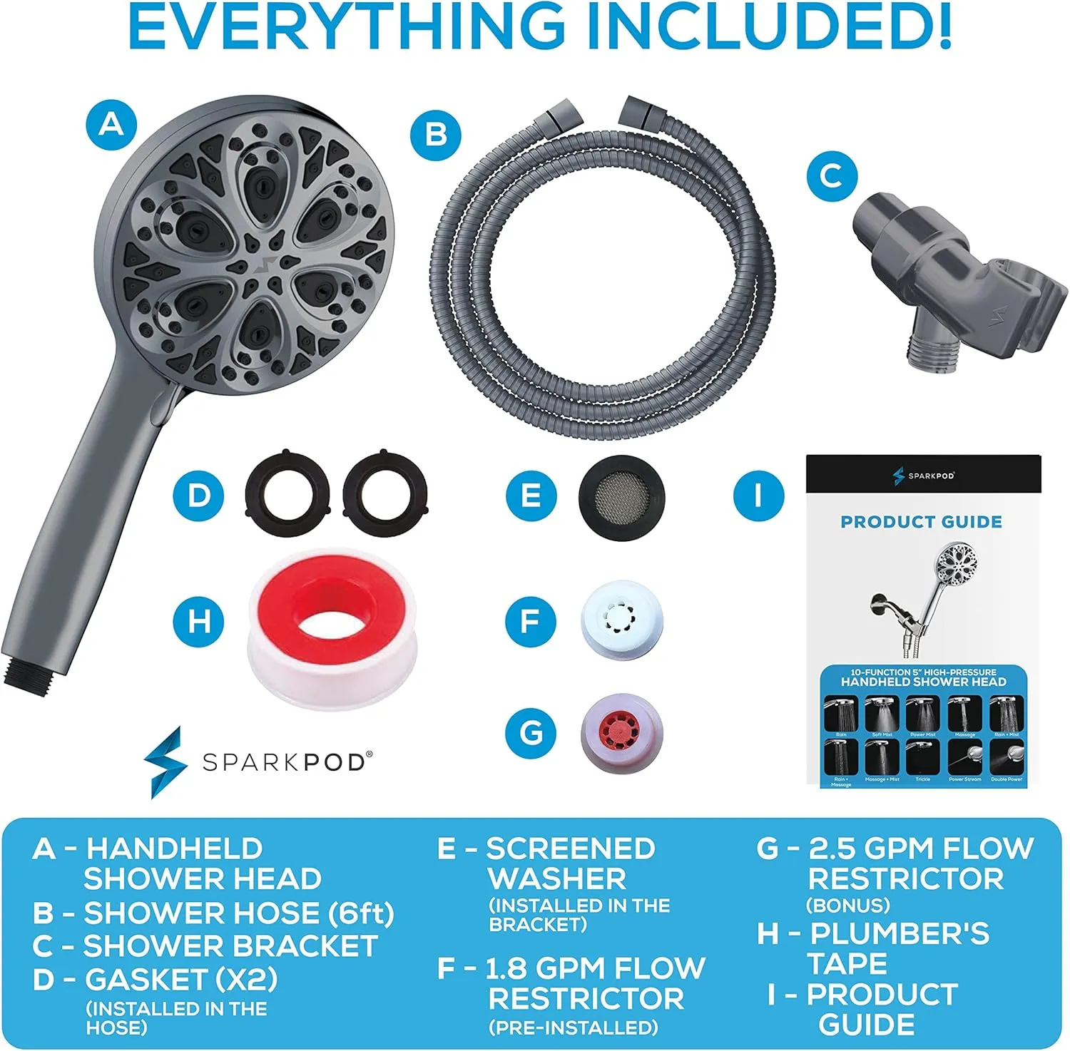 SparkPod 10-Mode Handheld Shower Head with Hose - 5" High Pressure Shower Head Set with Touch-to-Clean Nozzles, Built-In Power Jet, Stainless Steel 6ft Hose & Bracket (Charcoal Grey)