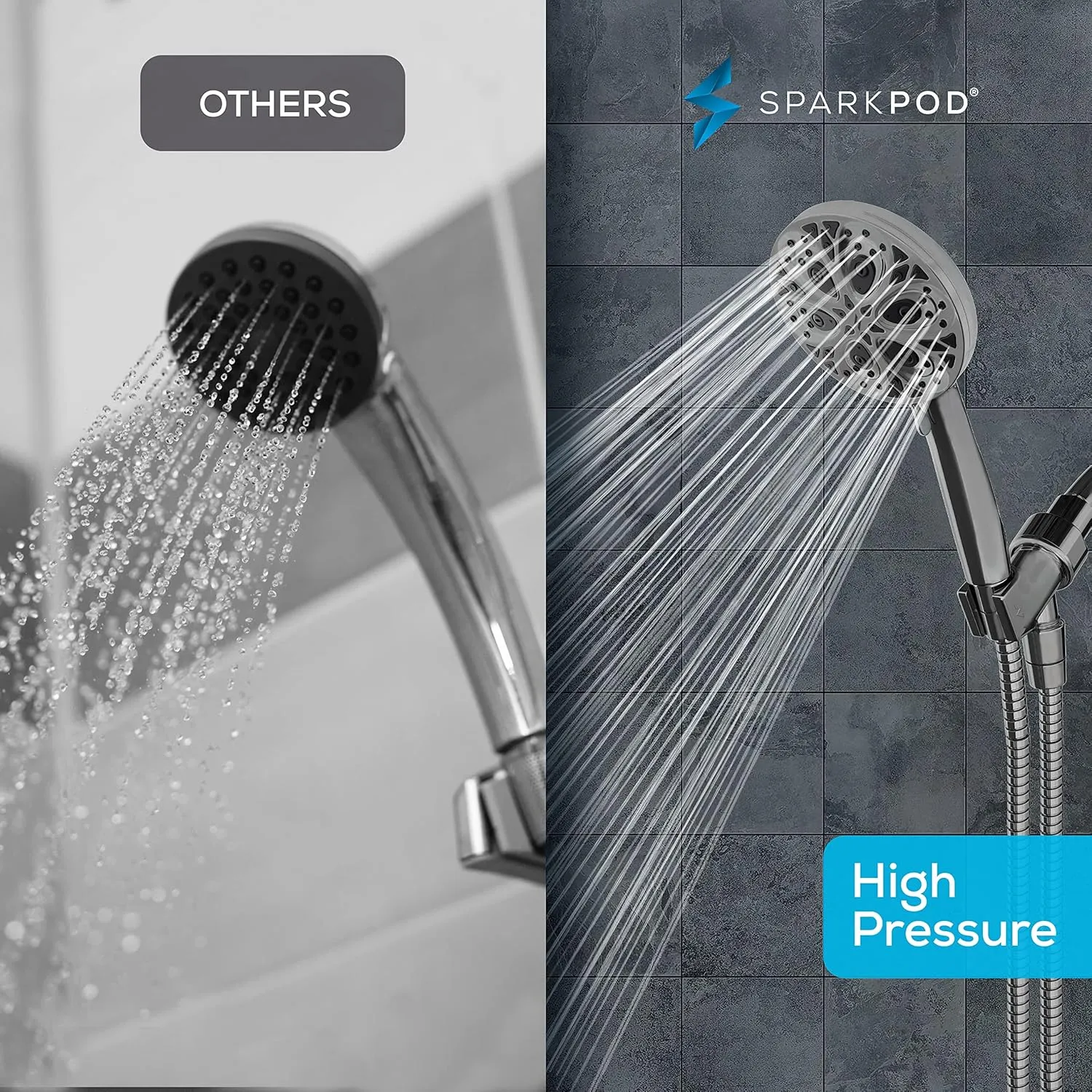 SparkPod 10-Mode Handheld Shower Head with Hose - 5" High Pressure Shower Head Set with Touch-to-Clean Nozzles, Built-In Power Jet, Stainless Steel 6ft Hose & Bracket (Charcoal Grey)