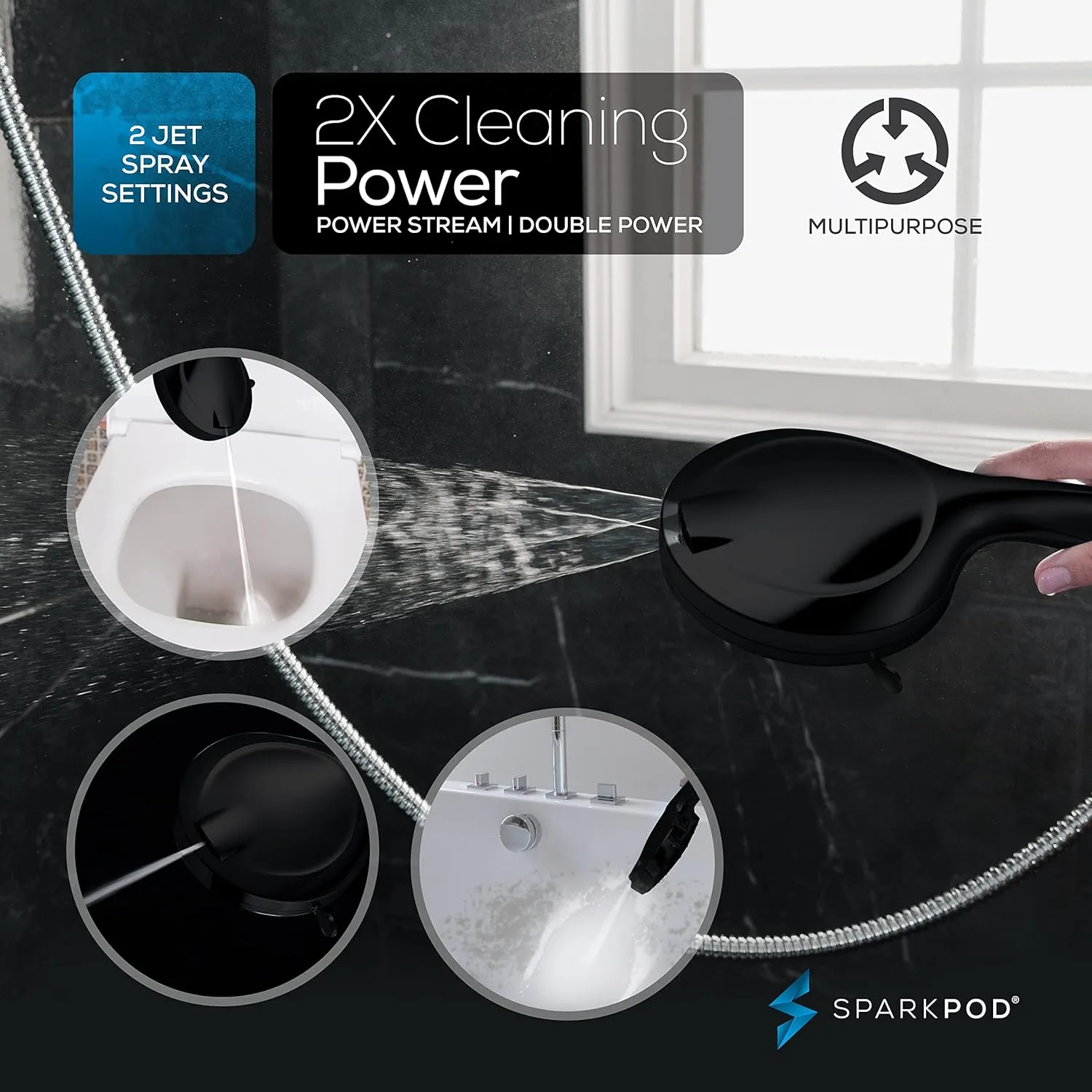 SparkPod 10-Mode Handheld Shower Head with Hose - 5" High Pressure Shower Head Set with Touch-to-Clean Nozzles, Built-In Power Jet, Stainless Steel 6ft Hose & Bracket (Midnight Black Matte)