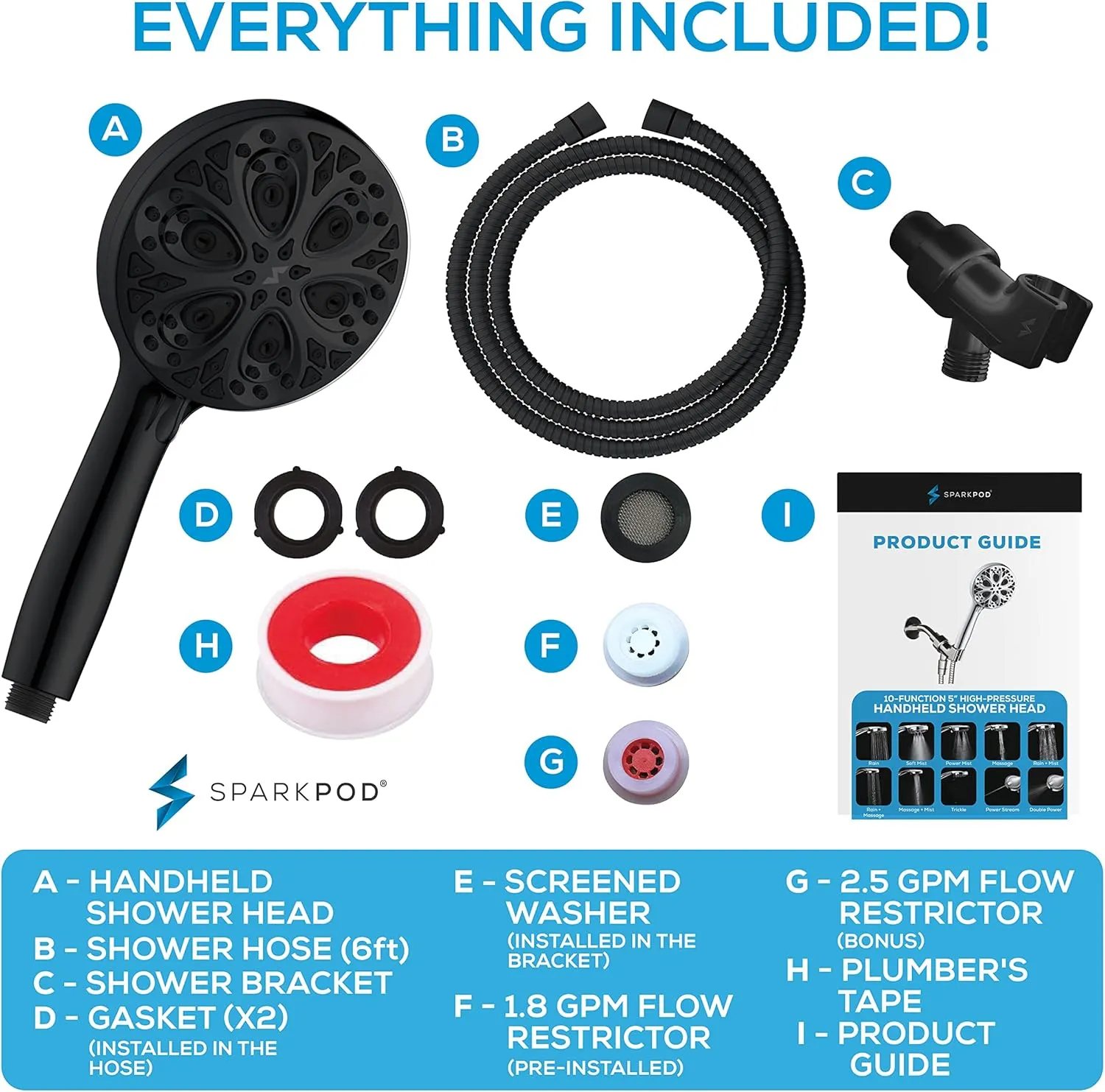 SparkPod 10-Mode Handheld Shower Head with Hose - 5" High Pressure Shower Head Set with Touch-to-Clean Nozzles, Built-In Power Jet, Stainless Steel 6ft Hose & Bracket (Midnight Black Matte)