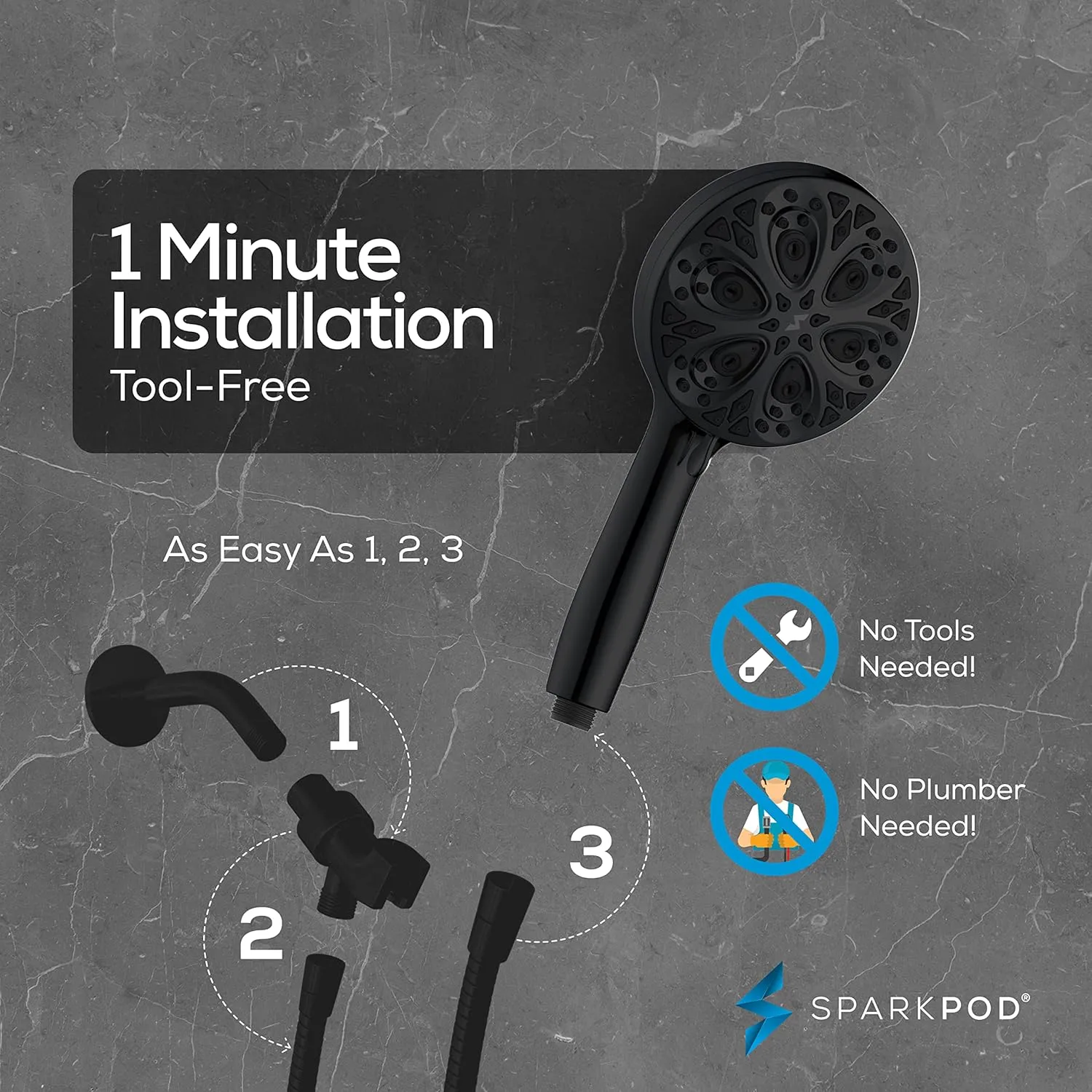 SparkPod 10-Mode Handheld Shower Head with Hose - 5" High Pressure Shower Head Set with Touch-to-Clean Nozzles, Built-In Power Jet, Stainless Steel 6ft Hose & Bracket (Midnight Black Matte)