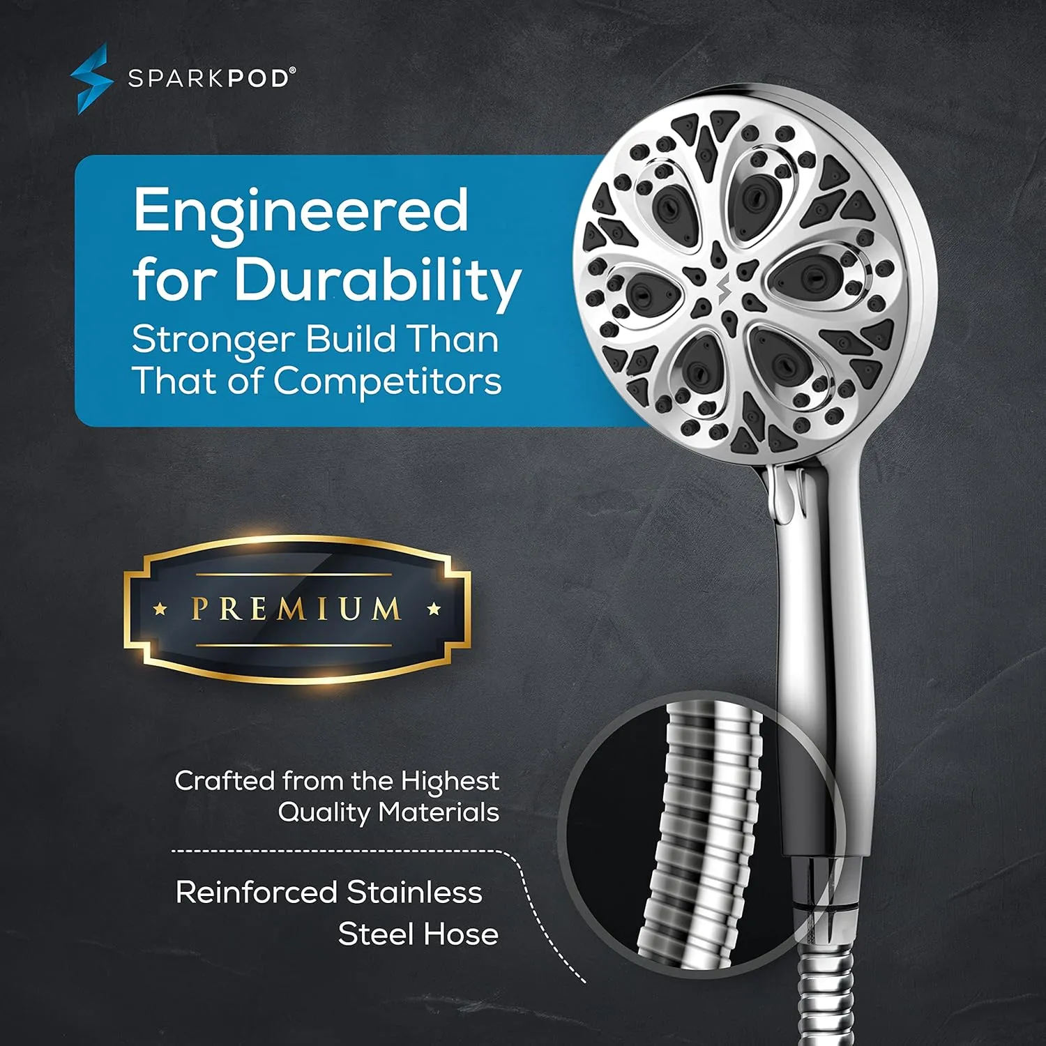 SparkPod 10-Mode Handheld Shower Head with Hose - 5" High Pressure Shower Head Set with Touch-to-Clean Nozzles, Built-In Power Jet, Stainless Steel 6ft Hose & Bracket (Polished Chrome)