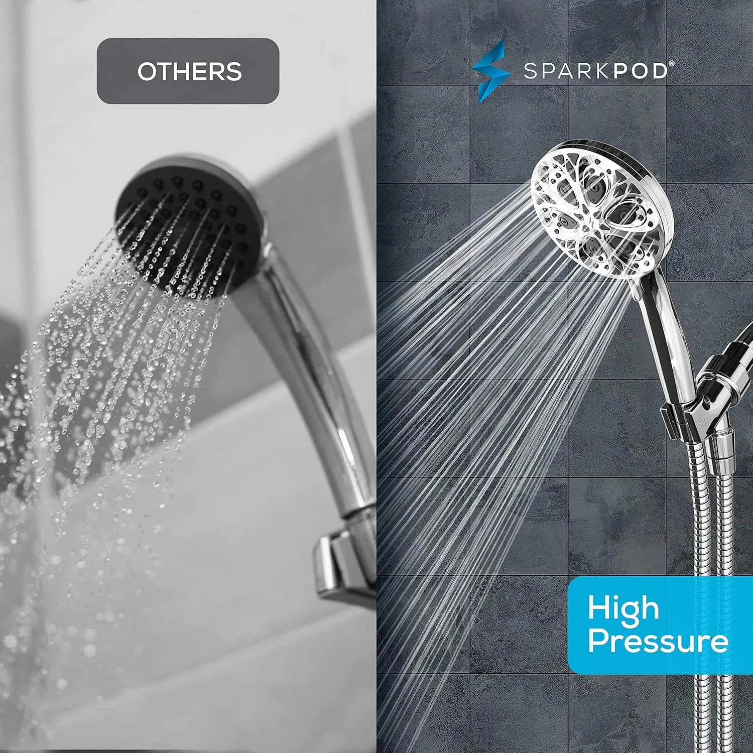 SparkPod 10-Mode Handheld Shower Head with Hose - 5" High Pressure Shower Head Set with Touch-to-Clean Nozzles, Built-In Power Jet, Stainless Steel 6ft Hose & Bracket (Polished Chrome)