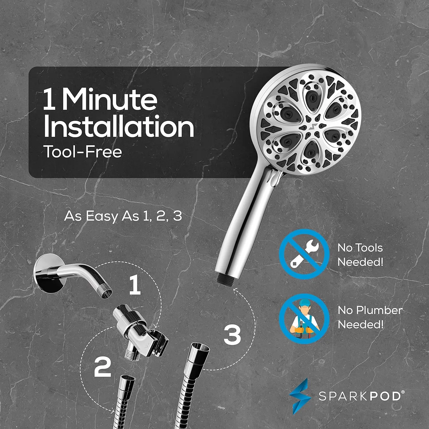 SparkPod 10-Mode Handheld Shower Head with Hose - 5" High Pressure Shower Head Set with Touch-to-Clean Nozzles, Built-In Power Jet, Stainless Steel 6ft Hose & Bracket (Polished Chrome)