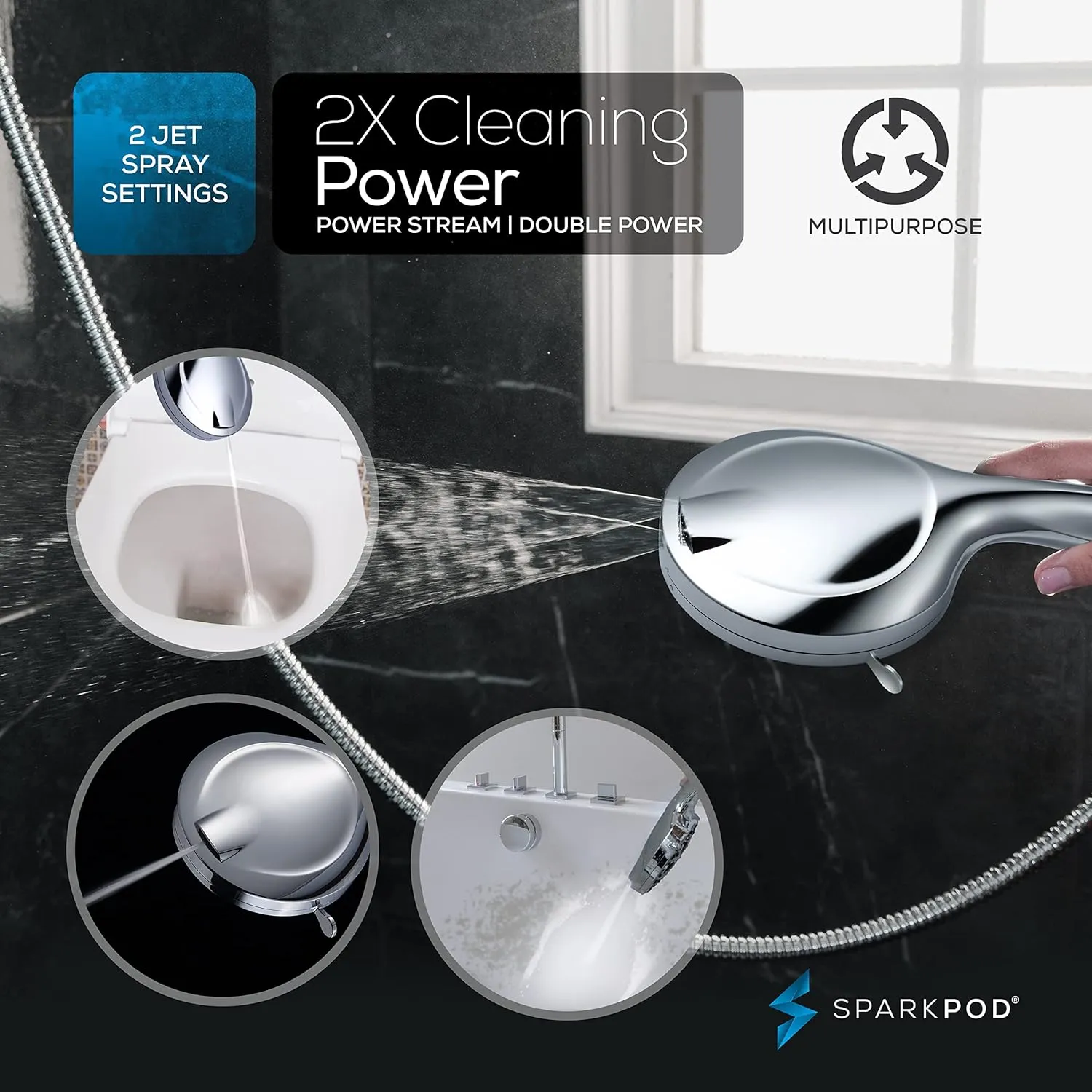 SparkPod 10-Mode Handheld Shower Head with Hose - 5" High Pressure Shower Head Set with Touch-to-Clean Nozzles, Built-In Power Jet, Stainless Steel 6ft Hose & Bracket (Polished Chrome)
