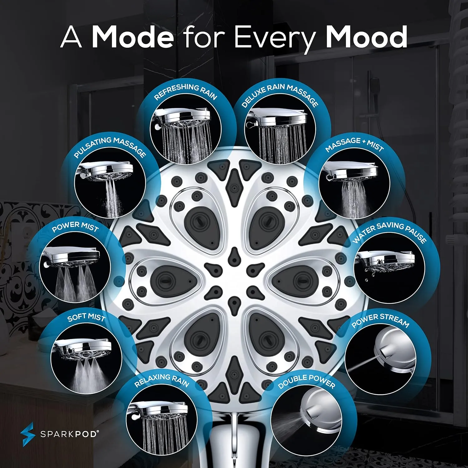 SparkPod 10-Mode Handheld Shower Head with Hose - 5" High Pressure Shower Head Set with Touch-to-Clean Nozzles, Built-In Power Jet, Stainless Steel 6ft Hose & Bracket (Polished Chrome)