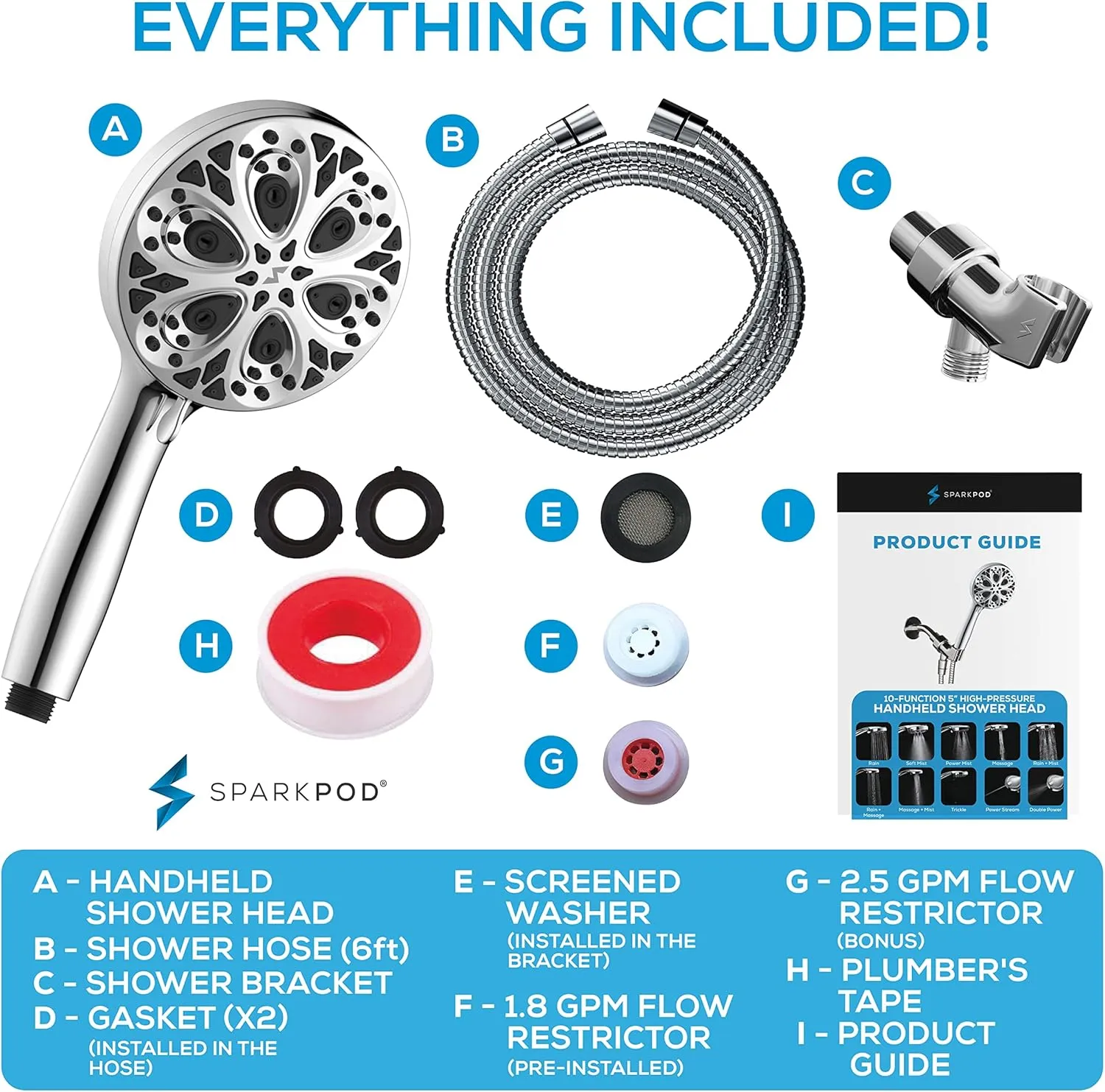 SparkPod 10-Mode Handheld Shower Head with Hose - 5" High Pressure Shower Head Set with Touch-to-Clean Nozzles, Built-In Power Jet, Stainless Steel 6ft Hose & Bracket (Polished Chrome)