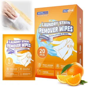 Stain Remover Wet Wipes for Clothes Laundry, Natural Orange Scent Fabric Cleaning Wipes for Women Baby, No Wet Patches, Instant Clothes Spot Remover Travel Size for Vacation Office, 20 Count