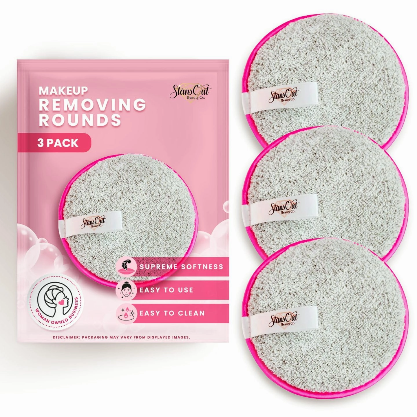 StansOut Beauty Makeup Removing Rounds - Reusable Face Pads, Microfiber Cloth - Washable Makeup Remover Pads - Facial Cleansing Cloths - Gentle & Effective - Travel-Friendly - 3 Pack