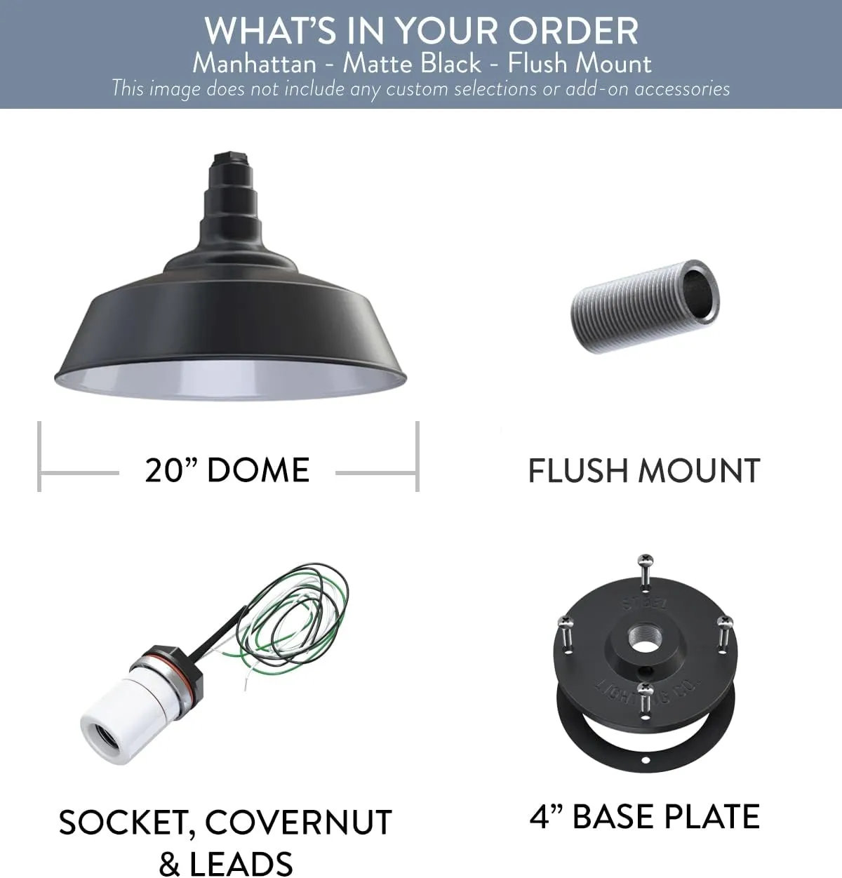 Steel Lighting Co. Manhattan Warehouse Light | Ceiling Mounted Pendant | 20 inch Dome | Flush Mount | Large Steel Barn Light Made in America | Matte Black Exterior/White Interior