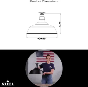 Steel Lighting Co. Manhattan Warehouse Light | Ceiling Mounted Pendant | 20 inch Dome | Flush Mount | Large Steel Barn Light Made in America | Matte Black Exterior/White Interior