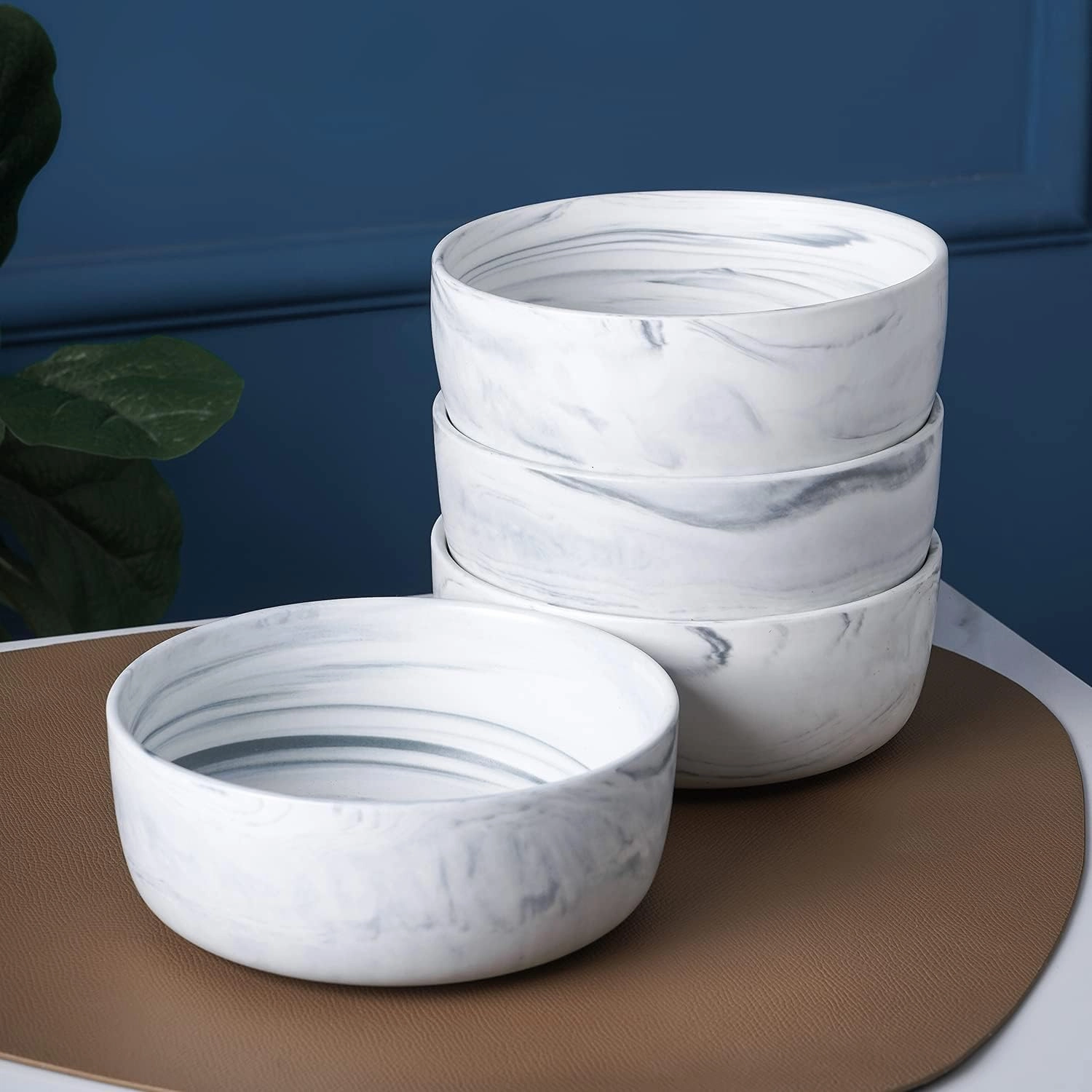 Stone lain Brighton Marbled Porcelain Bowls, Matte White and Grey,4 Bowls