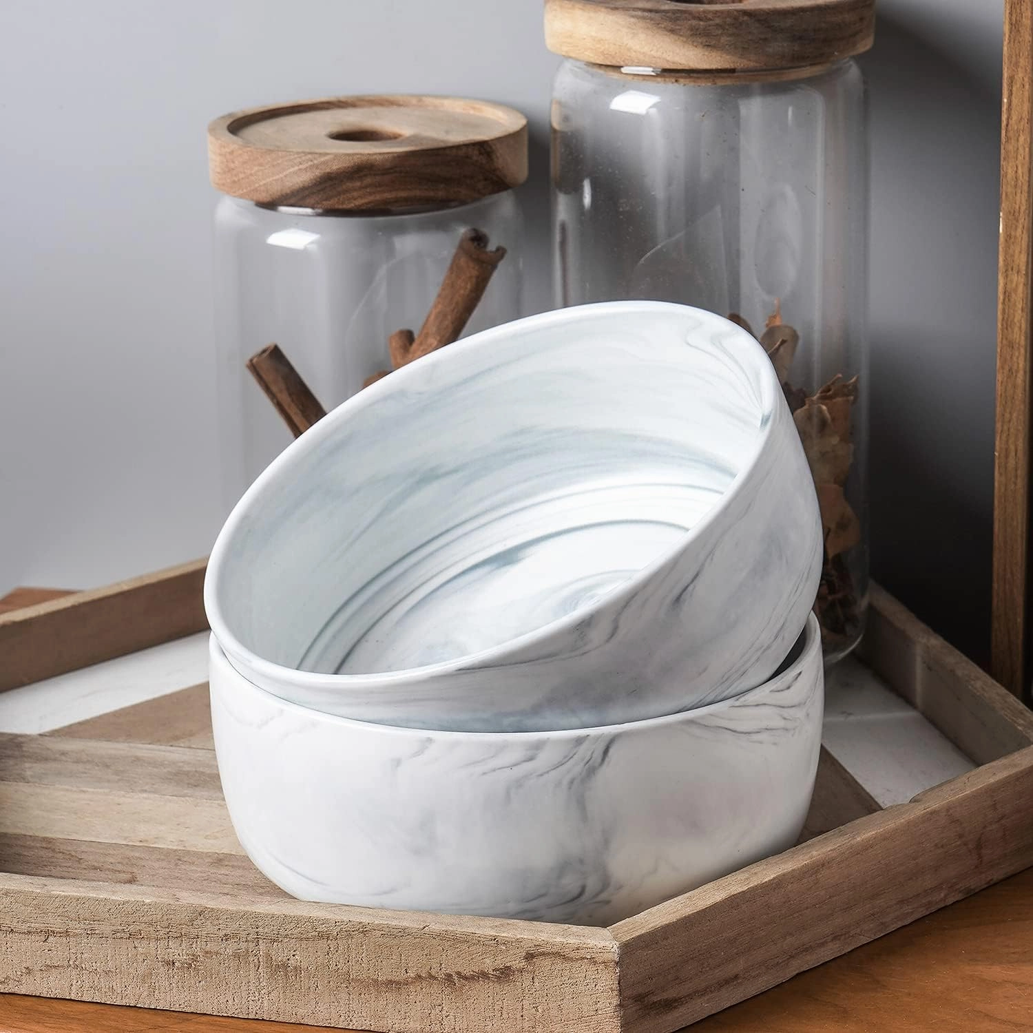 Stone lain Brighton Marbled Porcelain Bowls, Matte White and Grey,4 Bowls