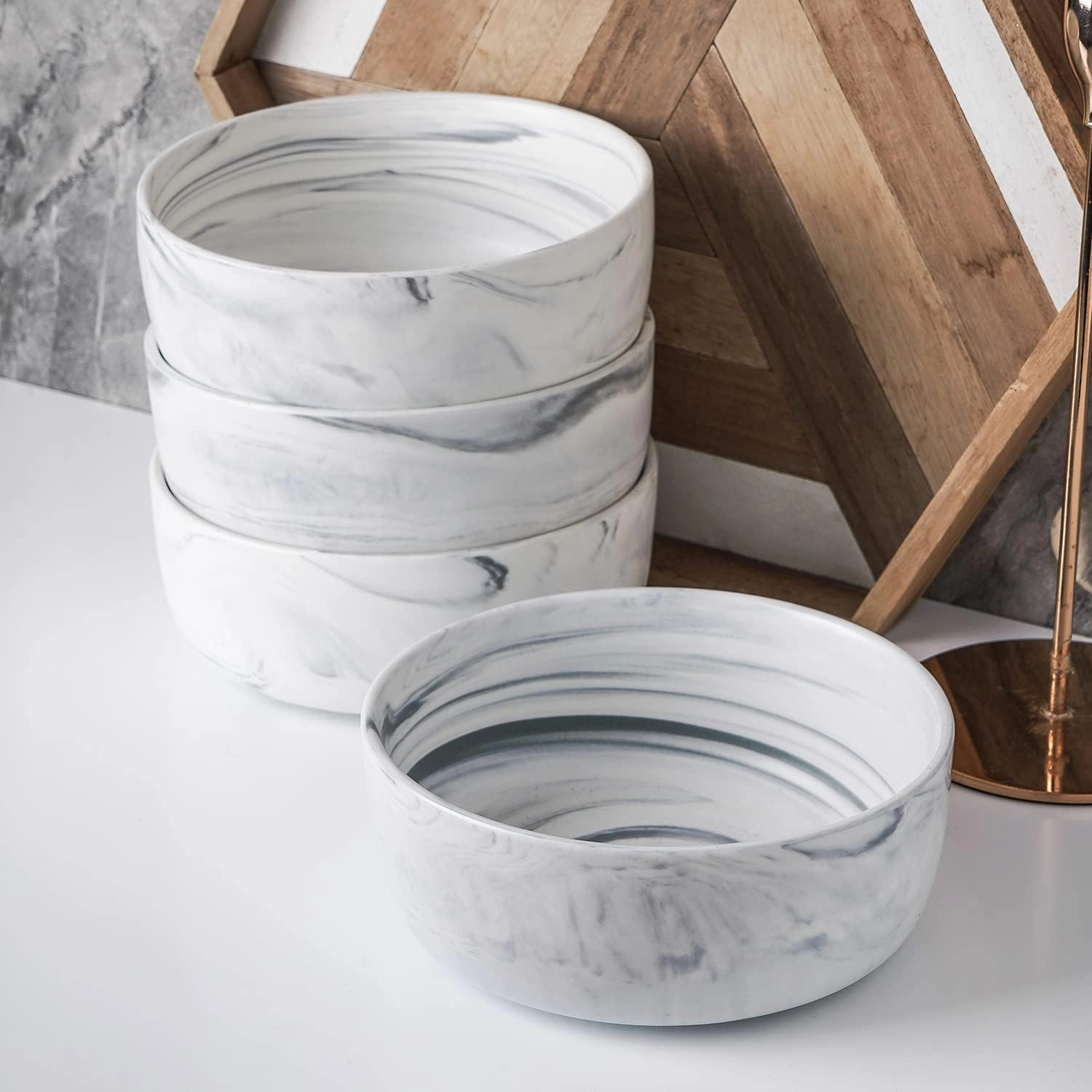 Stone lain Brighton Marbled Porcelain Bowls, Matte White and Grey,4 Bowls