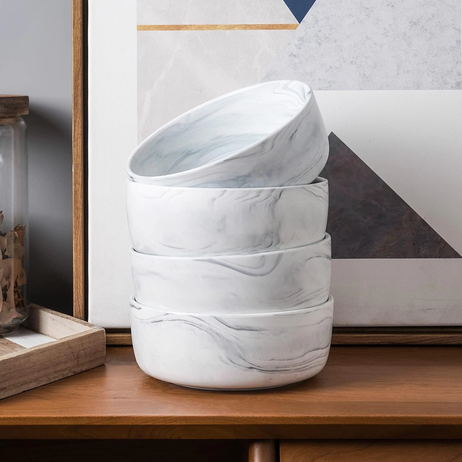 Stone lain Brighton Marbled Porcelain Bowls, Matte White and Grey,4 Bowls