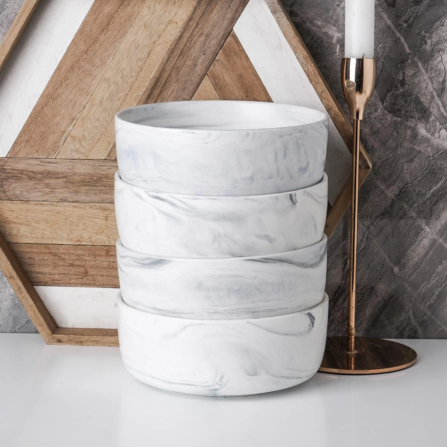 Stone lain Brighton Marbled Porcelain Bowls, Matte White and Grey,4 Bowls
