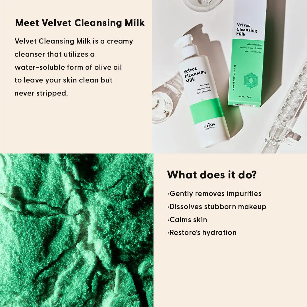 Stratia Velvet Cleansing Milk - Gentle Cream Face Cleanser, Moisturizing & Non-Foaming with Chamomile, Olive Oil & Aloe Vera, 4 Fl Oz