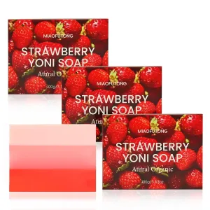 Strawberry Essential Oil Soap (3-Pack with Mesh Bag) - 100% Natural Vitamin C & E Enriched, Long-Lasting Moisturizing Body Wash, Gentle Skin Care for Daily Luxury