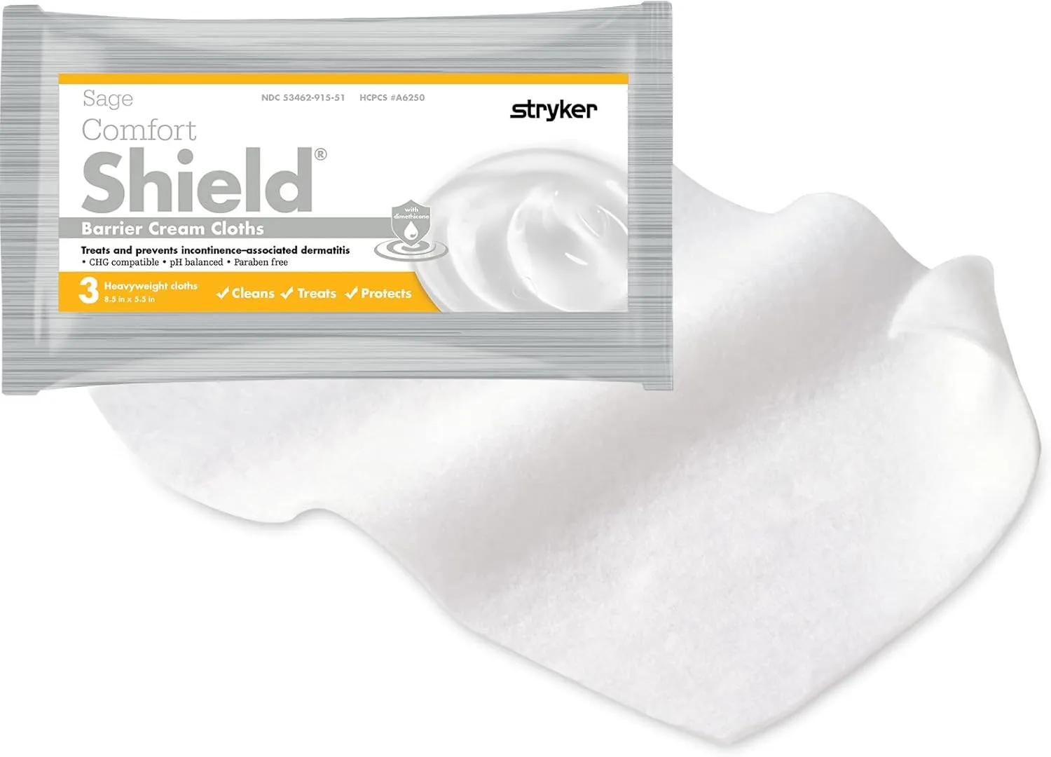 Stryker - Sage Comfort Shield Barrier Cream Cloths with Dimethicone - 50 Packages, 150 Cloths – One-Step Wipes Clean, Treat and Protect Skin from Incontinence Irritation, Hypoallergenic