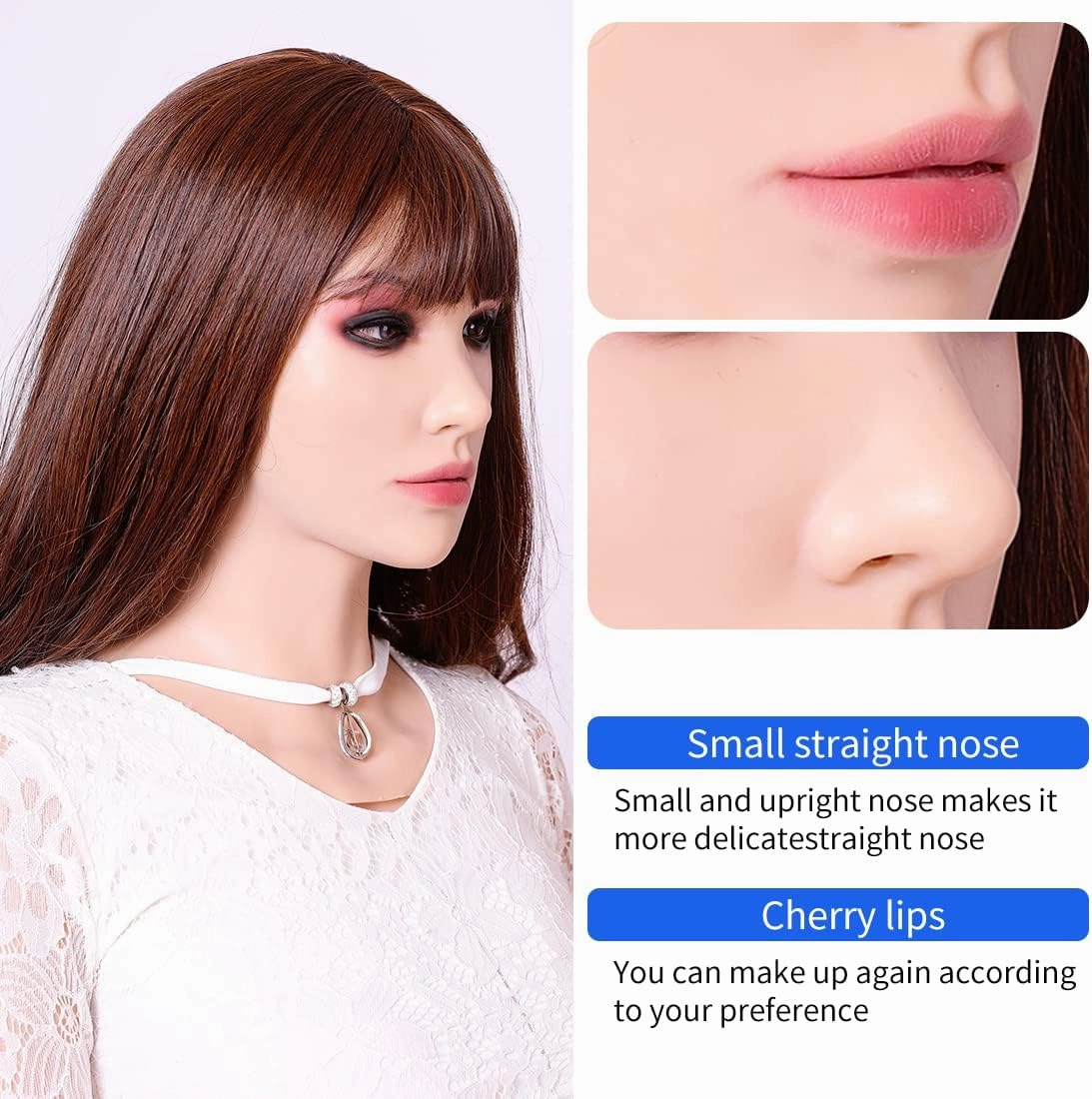 SUAISKR Realistic Silicone Female Head Mask Hand-Made Halloween Beauty Face for Crossdresser Cosplay