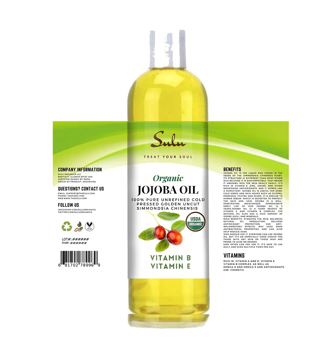 SULU ORGANICS 100% Pure Organic Unrefined Golden Jojoba Oil 16 Oz (Ounces)