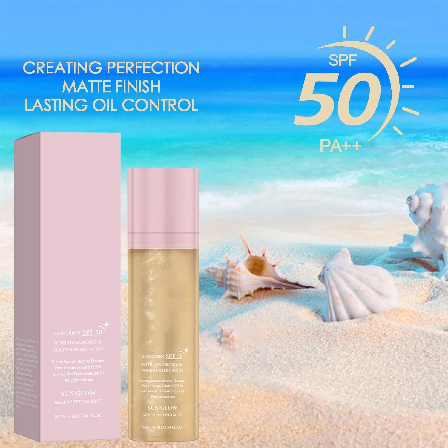 Sunglaze Sheer Body Mist Sunscreen SPF 50, Shimmer Sunscreen Spray, 75ml Setting Spray for Face, Lightweight Breathable Non-greasy Fast-absorbing (1pcs)
