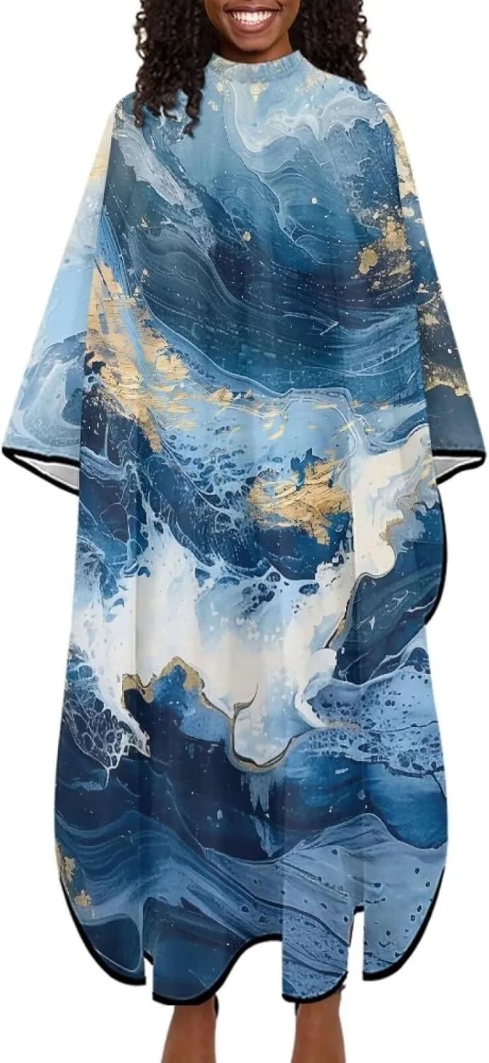 Suobstales Blue Marble Print Waterproof Hair Salon Cape Professional Barber Cape with Adjustable Snap Closure Hair Cutting Cape for Adults Water Resistant Hairdressing Cape 56.7" x 66.9"