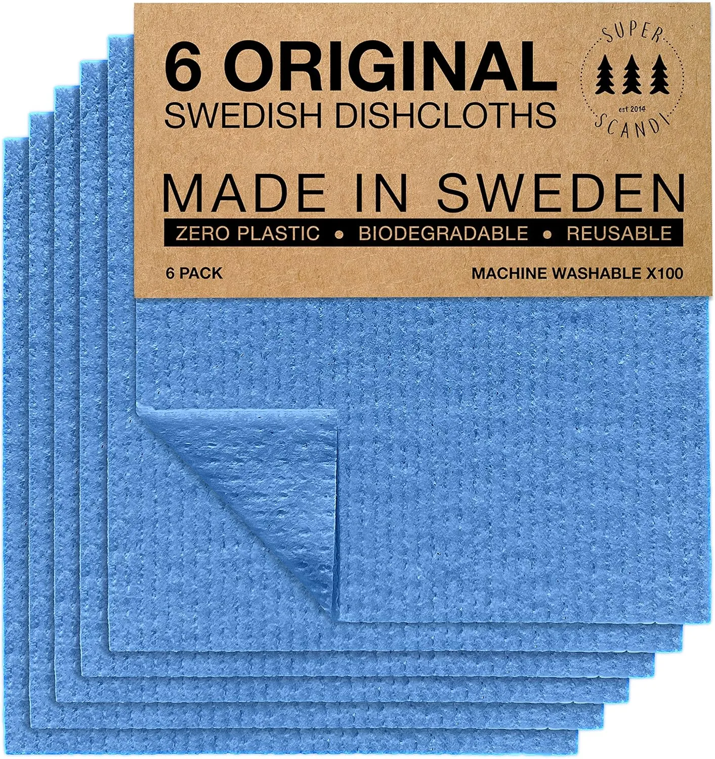 SUPERSCANDI 6 Pack Swedish Dishcloths for Kitchen - 100% Biodegradable & Compostable Reusable Paper Towels Washable, Food-Safe & Without Plastic - Dish Rags Suitable for Any Surface, Blue