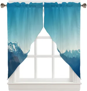 Swag Curtain Valance for Kitchen, Natural Snowy Mountain Landscape Mountain Range Photo Blue Window Treatment Rod Pocket Bedroom Tier Curtains for Bathroom Farmhouses 36"x63"x2