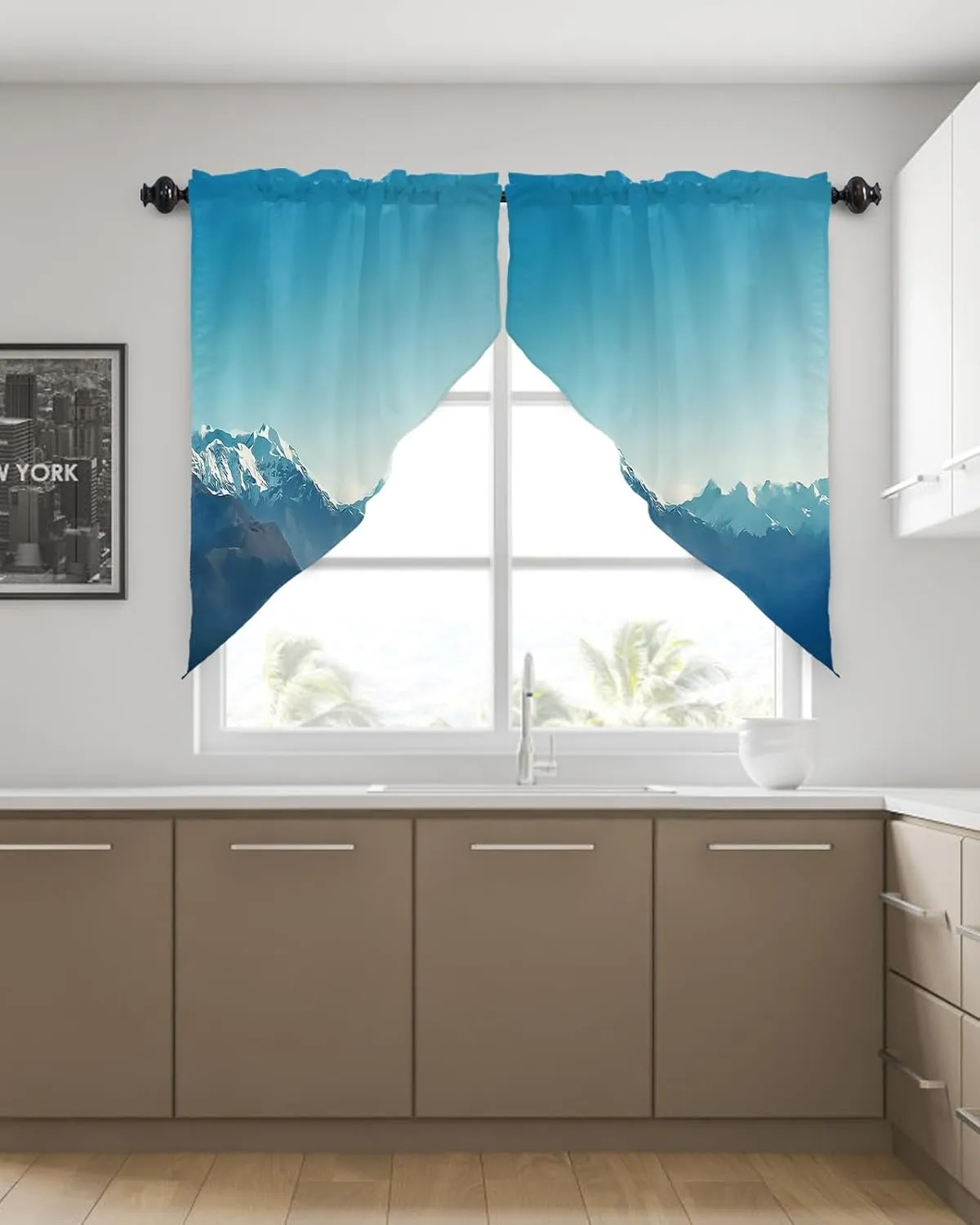 Swag Curtain Valance for Kitchen, Natural Snowy Mountain Landscape Mountain Range Photo Blue Window Treatment Rod Pocket Bedroom Tier Curtains for Bathroom Farmhouses 36"x63"x2