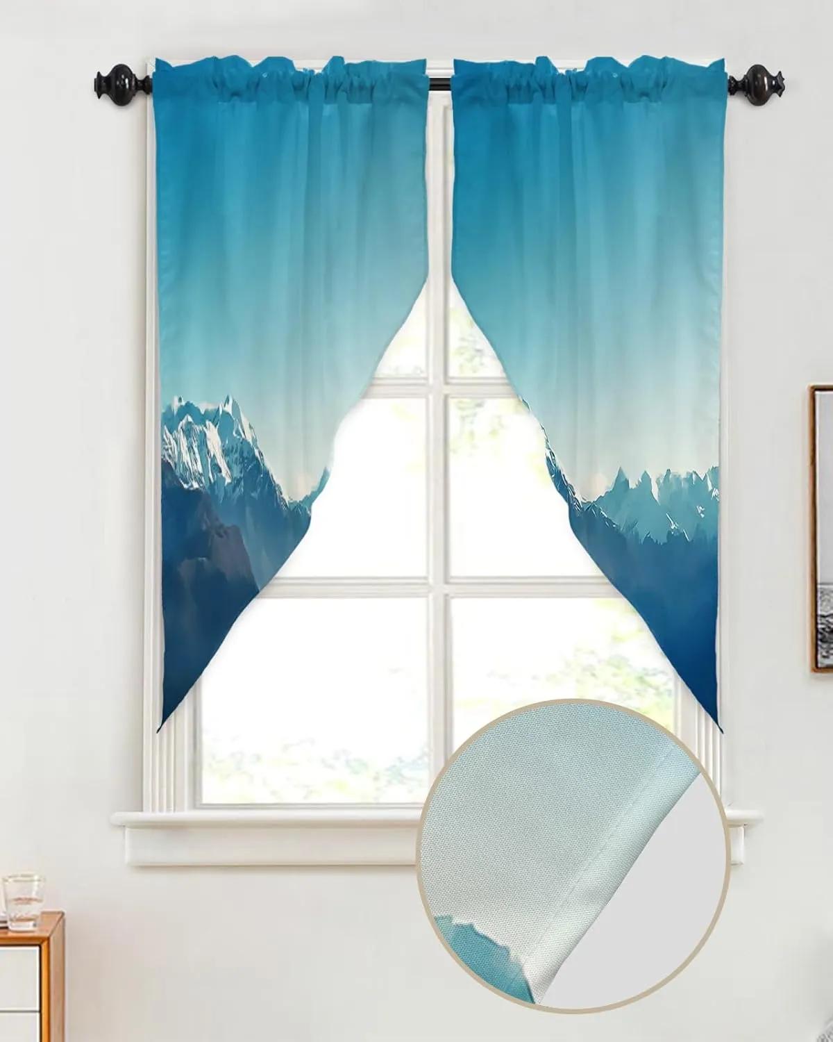 Swag Curtain Valance for Kitchen, Natural Snowy Mountain Landscape Mountain Range Photo Blue Window Treatment Rod Pocket Bedroom Tier Curtains for Bathroom Farmhouses 36"x63"x2