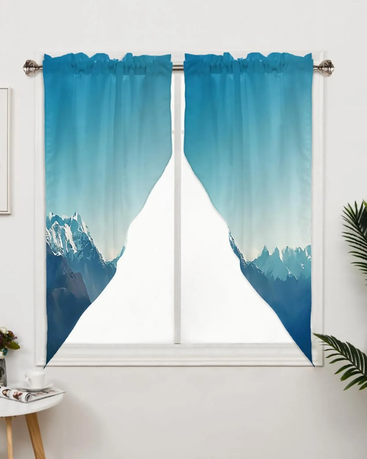 Swag Curtain Valance for Kitchen, Natural Snowy Mountain Landscape Mountain Range Photo Blue Window Treatment Rod Pocket Bedroom Tier Curtains for Bathroom Farmhouses 36"x63"x2