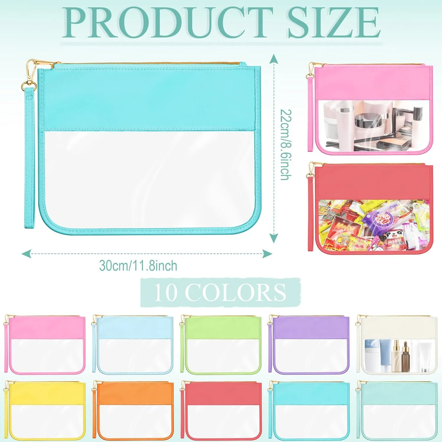 Sweetude 10 Pcs Nylon Makeup Bag Chenille Letter Clear Zipper Pouch Waterproof Toiletry Cosmetic Bag Transparent Pouches for Women Girls(Bright)