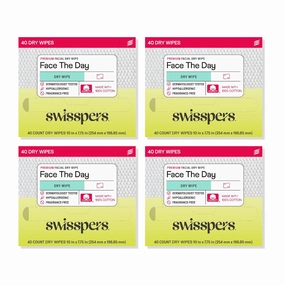 Swisspers Premium 100% Cotton Dry Facial Wipes - Hypoallergenic, Biodegradable Beauty Cloths with Dot Embossing - Vegan Makeup Remover Towelettes for Women & Men, 40 Count (Pack of 4)