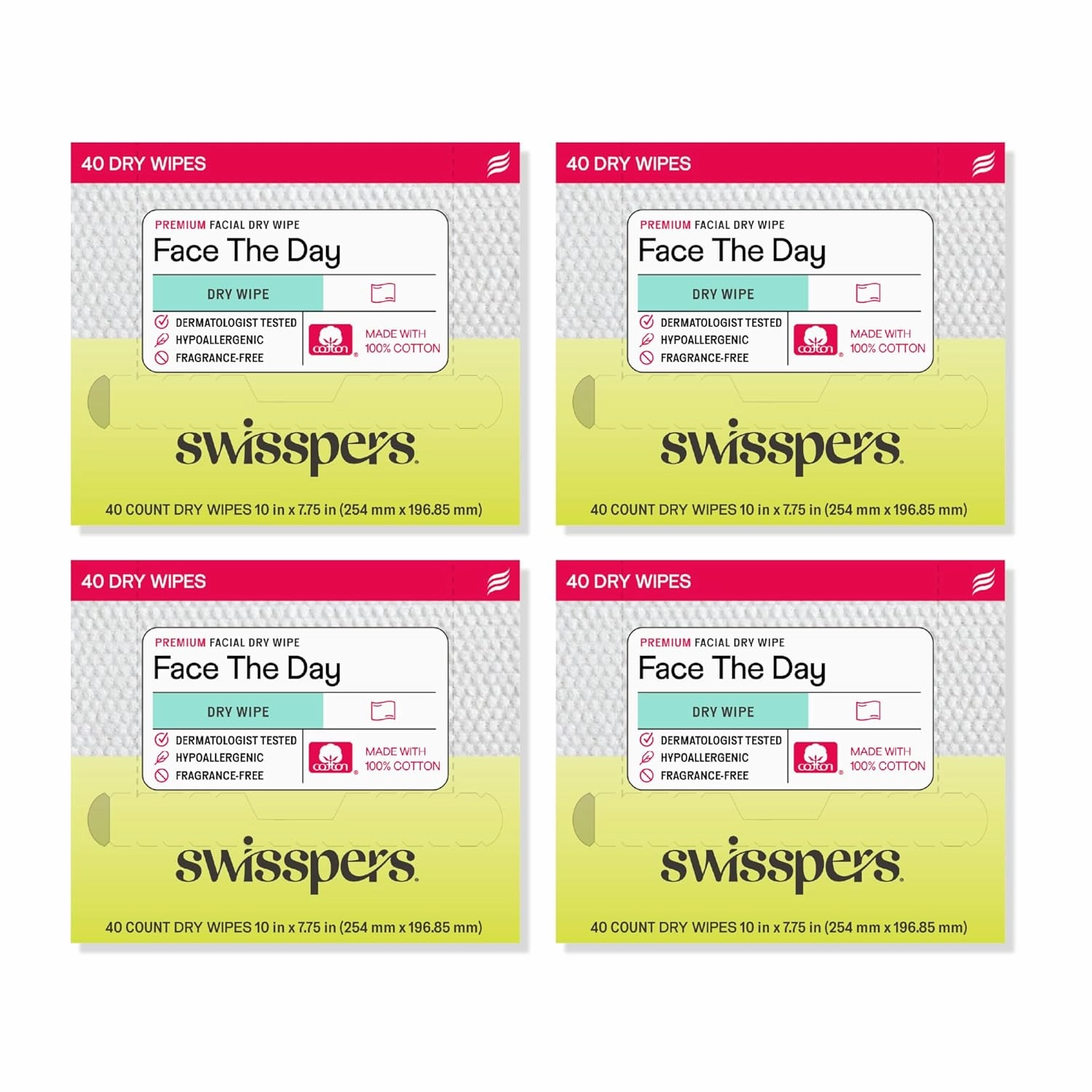Swisspers Premium 100% Cotton Dry Facial Wipes - Hypoallergenic, Biodegradable Beauty Cloths with Dot Embossing - Vegan Makeup Remover Towelettes for Women & Men, 40 Count (Pack of 4)