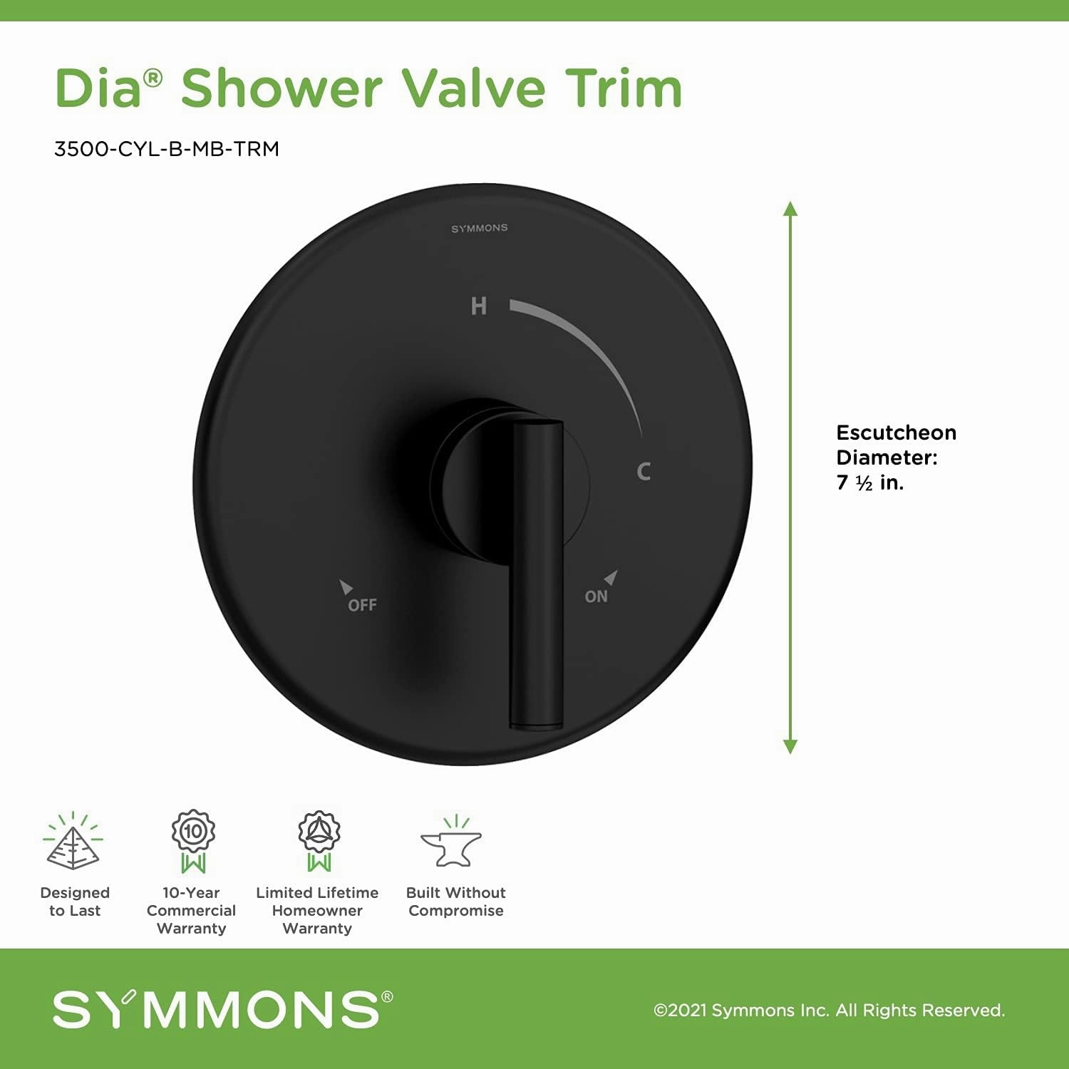 Symmons 3500-CYL-B-MB-TRM Dia Shower Valve Trim in Matte Black (Valve Not Included)