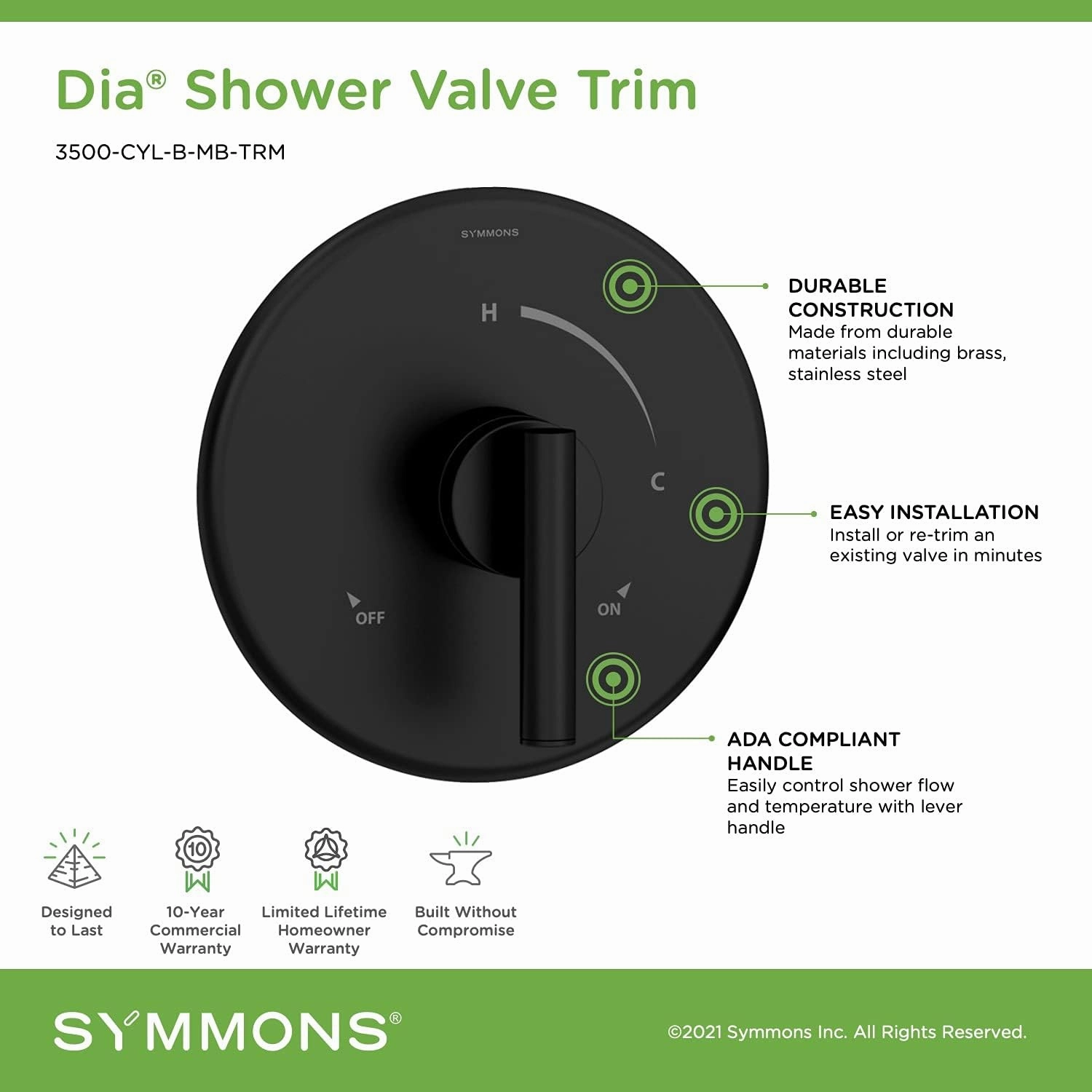 Symmons 3500-CYL-B-MB-TRM Dia Shower Valve Trim in Matte Black (Valve Not Included)