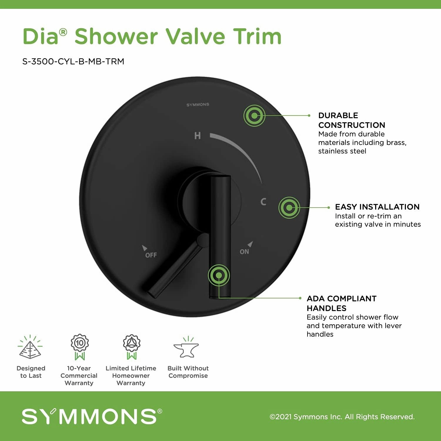 Symmons S-3500-CYL-B-MB-TRM Dia Shower Valve Trim in Matte Black (Valve Not Included)